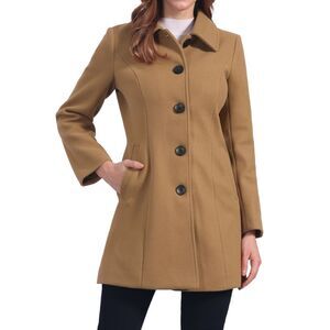 Winter Single Breasted Faux Fur Collar Warm Coat Dark Camel